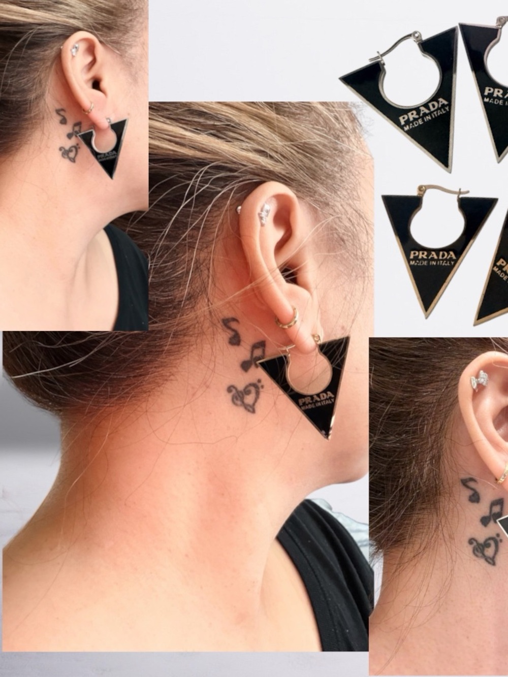 Fashion Prada Black Gold Triangle Hoop Earrings